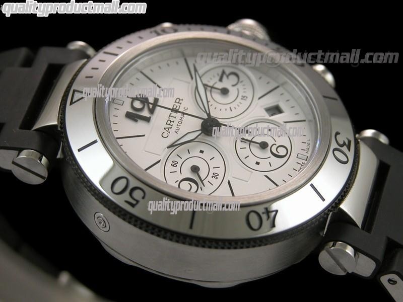 Cartier Pasha Sea Timer Chronograph-White Dial-Black Rubber Clad Bracelet