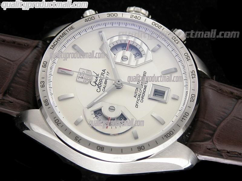 Tag Heuer Grand Carrera Calibre 17 Automatic Chronograph-White Dial Silver Ring Subdials-Brown Leather strap