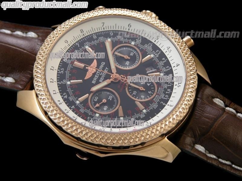 Breitling Bentley 30S Chronograph 18K Rose Gold-Black Dial Black Subdials-Brown Leather Strap