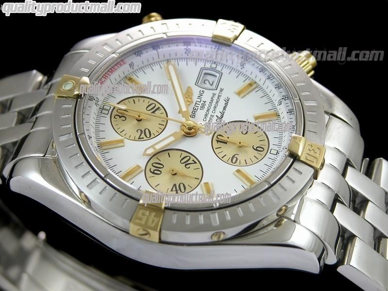 Breitling Chronomat Evolution V2 Chronograph 18k Gold-White Dial Gold Subdials Gold Index Markers-Stainless Steel Bracelet