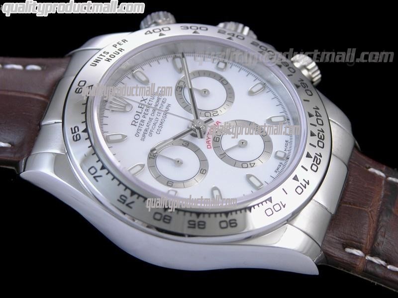 Rolex Daytona Swiss Chronograph-White Dial, Silver Ring Subdails-Genuine Brown Leather Strap 