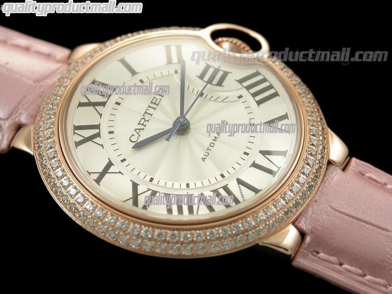 Cartier Blue Ballon Ladies Swiss Watch 18K Rose Gold-White Dial Diamond Crested Bezel-Pink Leather Strap
