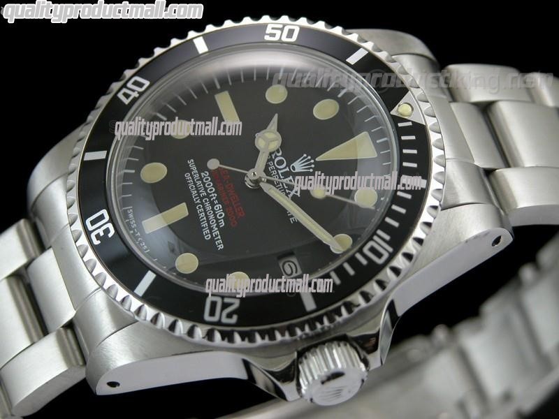 Rolex Sea Dweller Vintage 1665 Double RED Automatic Watch-Black Dial Dot Markers-Stainless Steel Oyster Bracelet