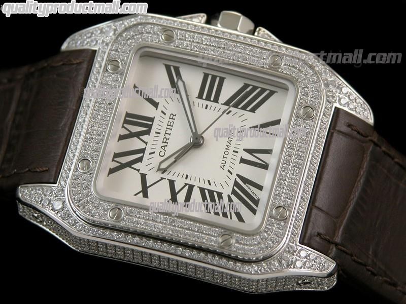 Cartier Santos 100th Anniversary Automatic Watch-White Dial Diamond Crested Bezel-Brown Leather Strap