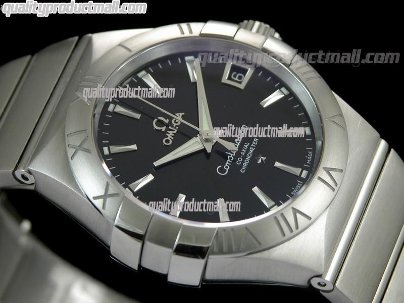 Omega Constellation Double Eagle Swiss-Black Dial-Stainless Steel Linked Strap