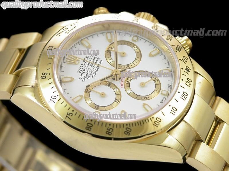 Rolex Daytona Swiss 18K Gold Chronograph-White Dial, Gold Ring Subdials-Stainless Steel Oyster Bracelet 