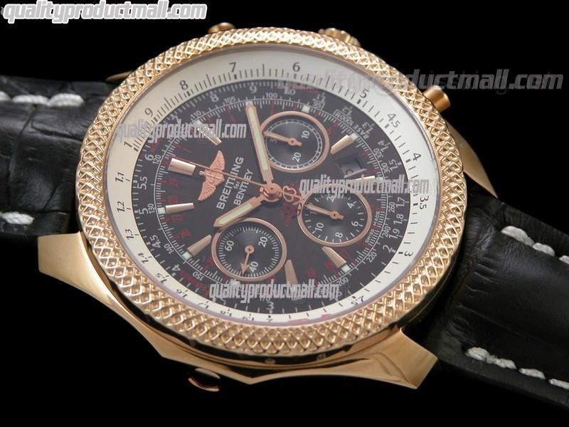 Breitling Bentley 30S Chronograph 18K Rose Gold-Brown Dial Brown Subdials-Black Leather Bracelet 