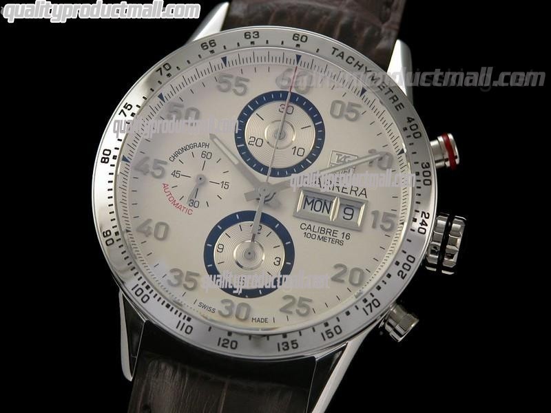 Tag Heuer Carrera Calibre 16 Day Date Automatic Chronograph-White Dial Blue Ring Subdials-Brown Leather Strap