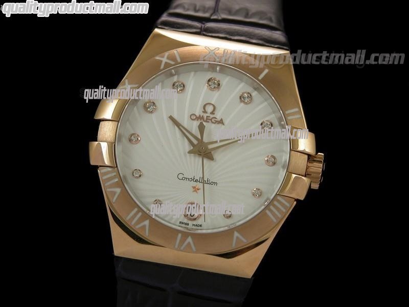 Omega Constellation Midsize 18k Rose Gold Swiss Quartz-Fan Shell Design White Dial-Black Leather Strap