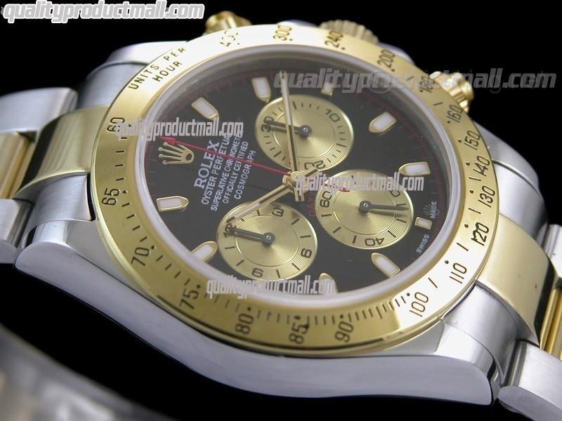 Rolex Daytona Swiss 18K Gold Bi Tone Chronograph-Black Dial Gold Ring Subdials-Stainless Steel Oyster Bracelet