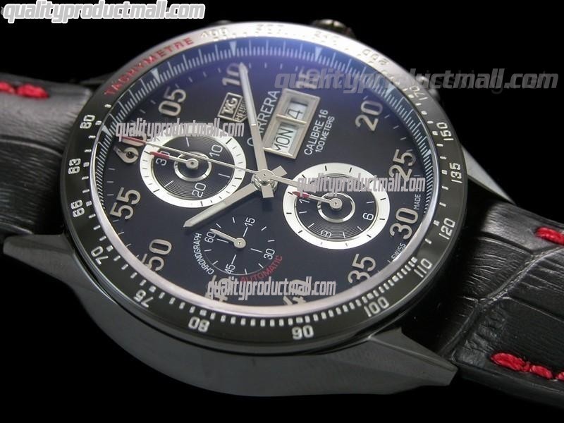 Tag Heuer Carrera Calibre 16 Limited Edition Chronograph-Black Dial White ring subdials-Black Leather strap(Red Stitch) 