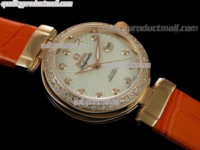 Omega Deville Ladymatic 18k Rose Gold Swiss Automatic Watch-White Coral Design Dial-Orange Leather Strap