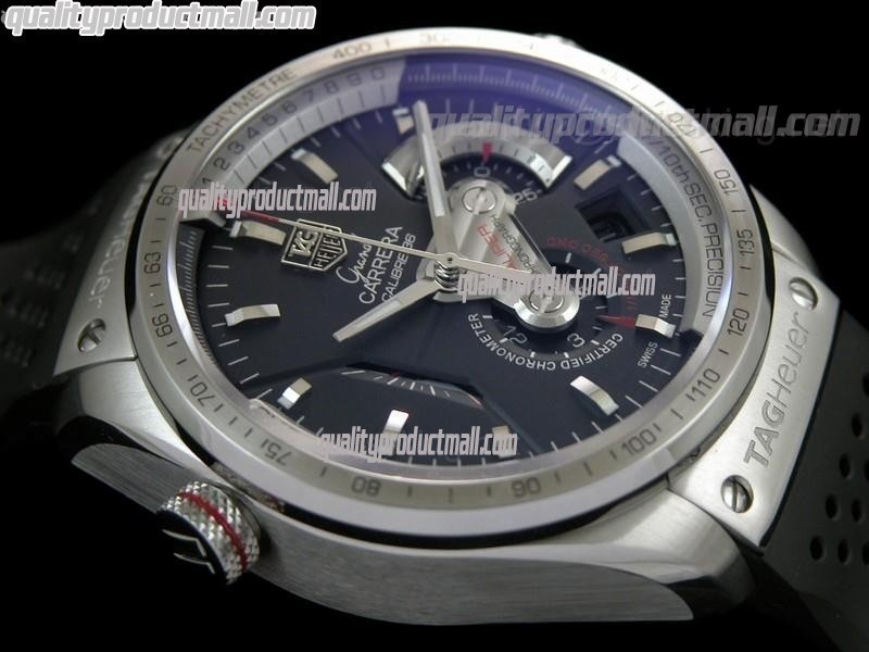 Tag Heuer Grand Carrera Calibre 36 Chronograph-Black dial Sucken Steel Subdials-Black Rubber Bracelet