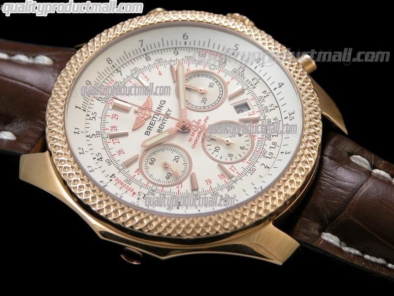 Breitling Bentley 30S Chronograph 18k Rose Gold -White Dial White Subdials-Brown Leather Bracelet 