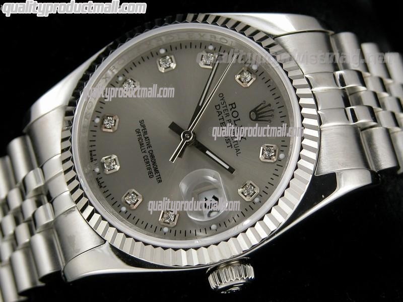 Rolex Datejust 36mm Swiss Automatic Watch-Grey Dial Diamond Hour Markers-Stainless Steel Jubilee Bracelet