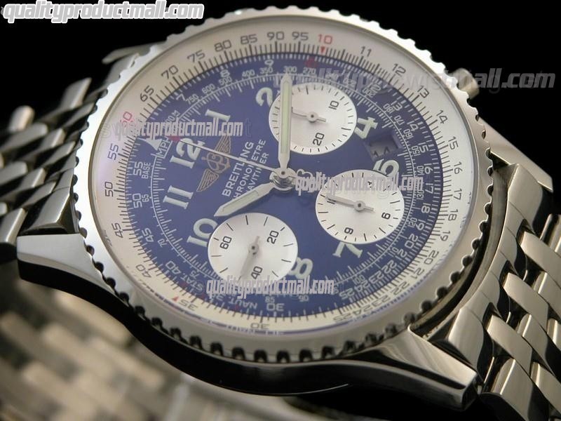 Breitling Navitimer Chronometre Chronograph-Blue Dial Numeral Markers-Stainless Steel Strap