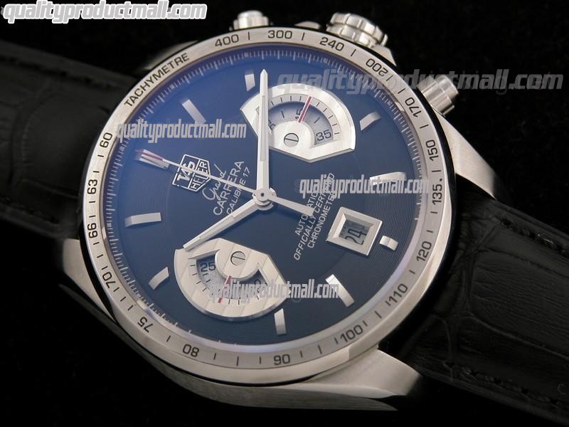 Tag Heuer Grand Carrera Calibre 17 Automatic Chronograph-Blue Dial Silver Subdials-Black Leather strap
