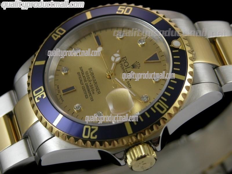 Rolex Submariner Automatic Watch Gold Dial Bi Tone Bracelet