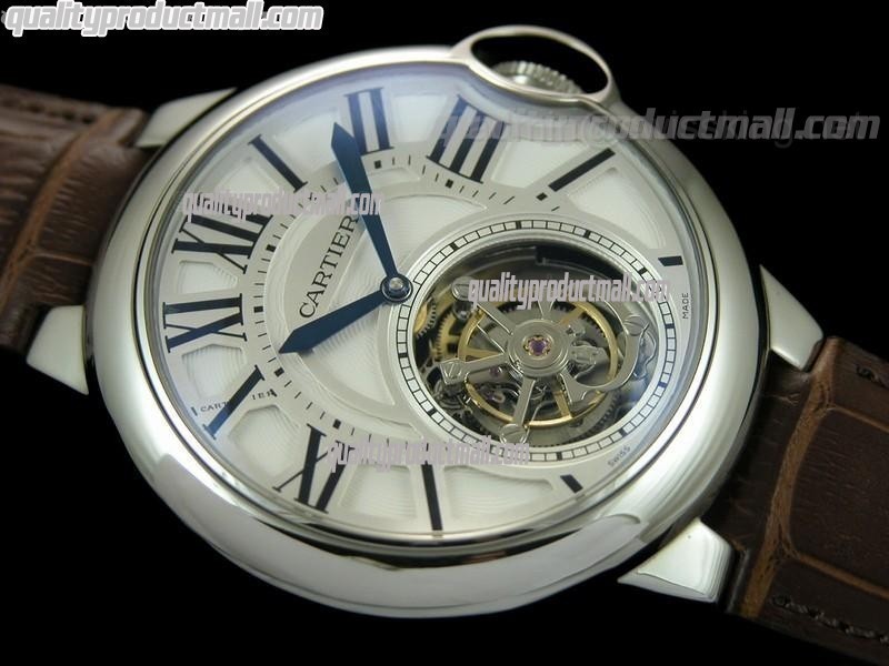 Cartier Blue Ballon Flying Tourbillon Swiss Watch-White Dial-Brown Leather Strap