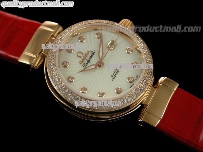 Omega Deville Ladymatic 18k Rose Gold Diamond Swiss Automatic Watch-White Coral Design Dial-Red Leather Strap