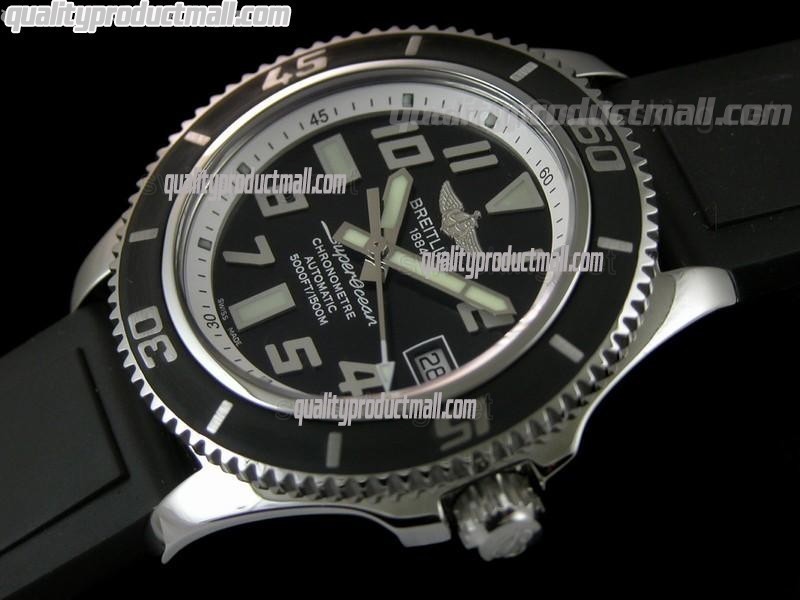 Breitling SuperOcean Abyss 42MM Automatic Watch-Black Dial White Inner Bezel-Pro Diver Black Rubber Strap