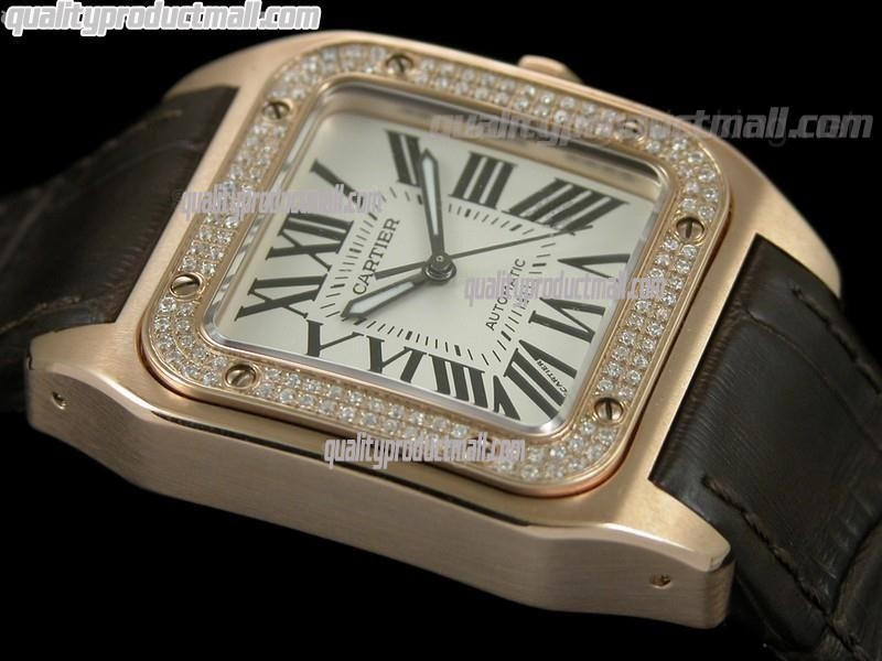 Cartier Santos 100th Anniversary Automatic Ladies Watch 18k Rose Gold-White Dial Diamond Crested Bezel-Brown Leather Strap