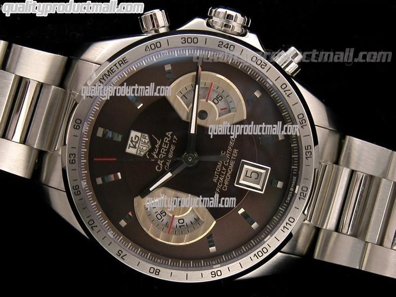 Tag Heuer Grand Carrera Calibre 17 Automatic Chronograph-Brown Dial Silver Subdials-Stainless Steel bracelet