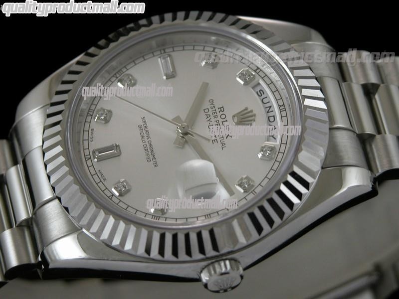 Rolex DayDate II 41mm Swiss Automatic Watch-Silver Dial Diamond Hour Markers-Stainless Steel Presidential Bracelet
