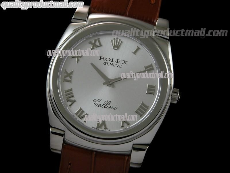 Rolex Cellini Swiss Quartz Watch-Silver Dial Roman Numeral Hour Markers-Brown Leather strap