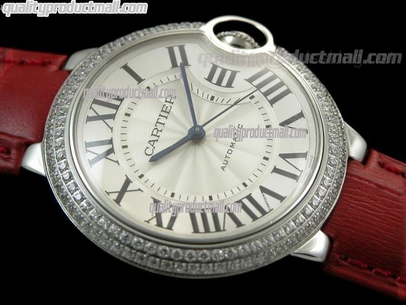 Cartier Blue Ballon Ladies Swiss Watch-White Dial Diamond Crested Bezel-Cordovan Leather Strap