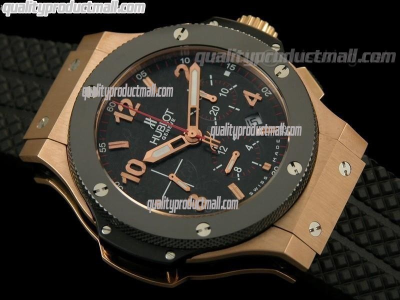 Hublot Big Bang Chronograph 18K Rose Gold-Carbon Fibre Black Dial Black Subdials-Black Rubber Strap