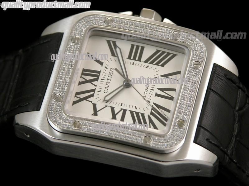 Cartier Santos 100th Anniversary Automatic Watch-White Dial Diamond Bezel-Black Leather Strap