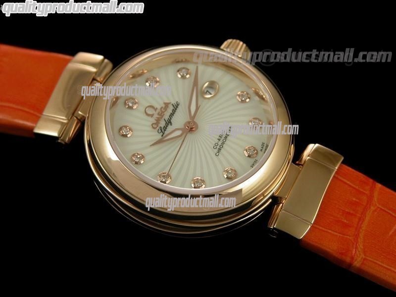 Omega Deville Ladymatic 18k Rose Gold Swiss Automatic Watch-White Coral Design Dial-Orange Leather strap