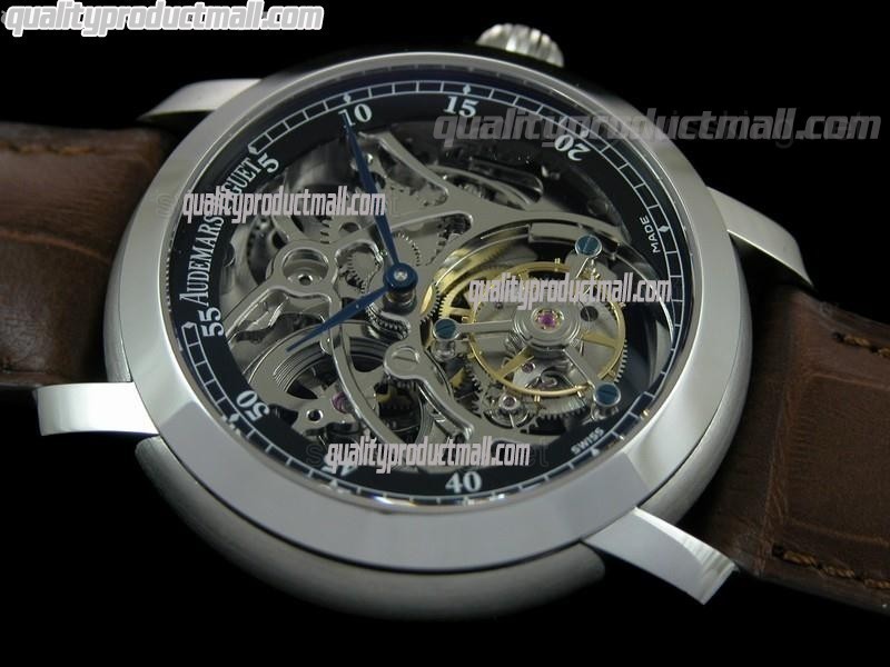 Audemars Piguet Jules Audemars Skeleton Tourbillon-Black Inner Bezel Dial-Brown Leather Strap