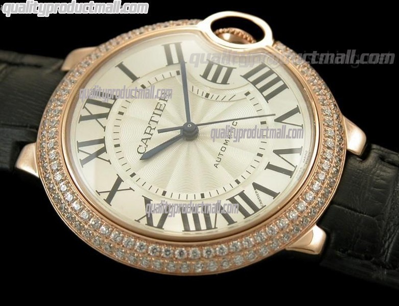 Cartier Blue Ballon Ladies Swiss Watch 18k Rose Gold-White Dial Diamond Crested Bezel-Black Leather Strap