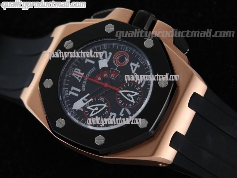 Audemars Piguet Royal Alinghi Team Chronograph 18K Pink Gold-Black Dial Numeral Hour Markers-Black Rubber Strap 