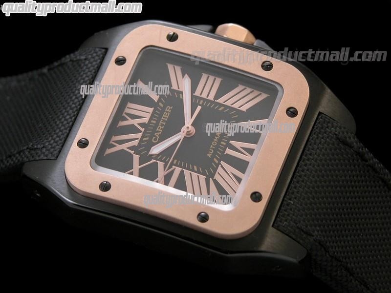 Cartier Santos 100th Anniversary Automatic Watch 18k Rose Gold-Black Dial-Black Nylon Strap 
