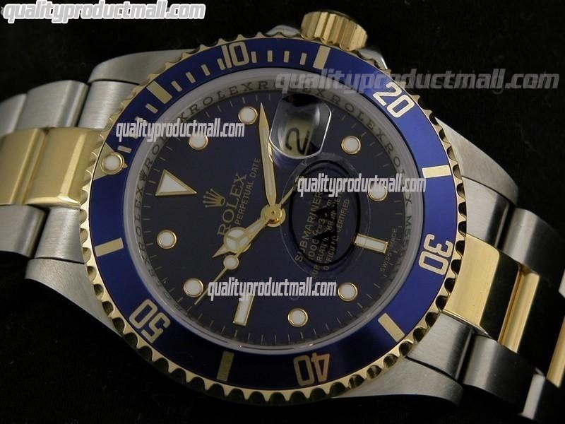 Rolex Submariner Automatic Swiss Watch 18k Gold-Blue Dial-Stainless Steel New Style Brushed Oyster Bracelet