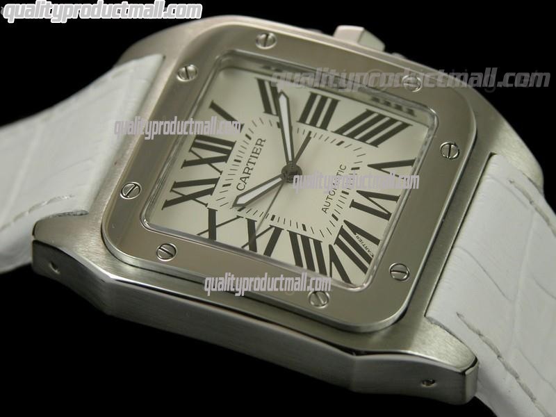 Cartier Santos 100th Anniversary Automatic Watch-White Arch Profile Dial-White Leather Strap