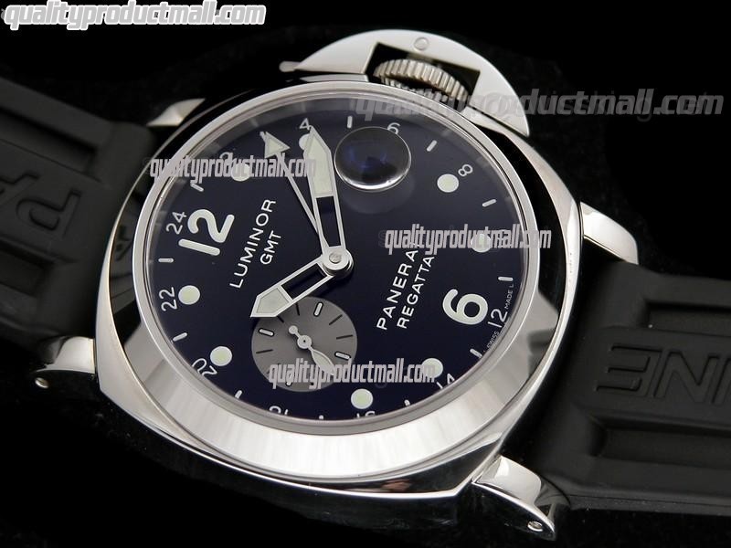 Panerai Regetta PAM156 GMT Automatic Chronograph-Black Dial Dot/Numeral markers-Black Rubber Strap