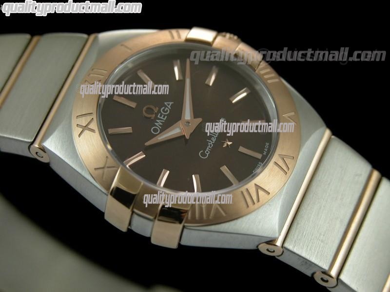 Omega Constellation Ladies Perlmutt Swiss Quartz-18k Rose Gold Brown Dial-Stainless Steel TT Linked Strap