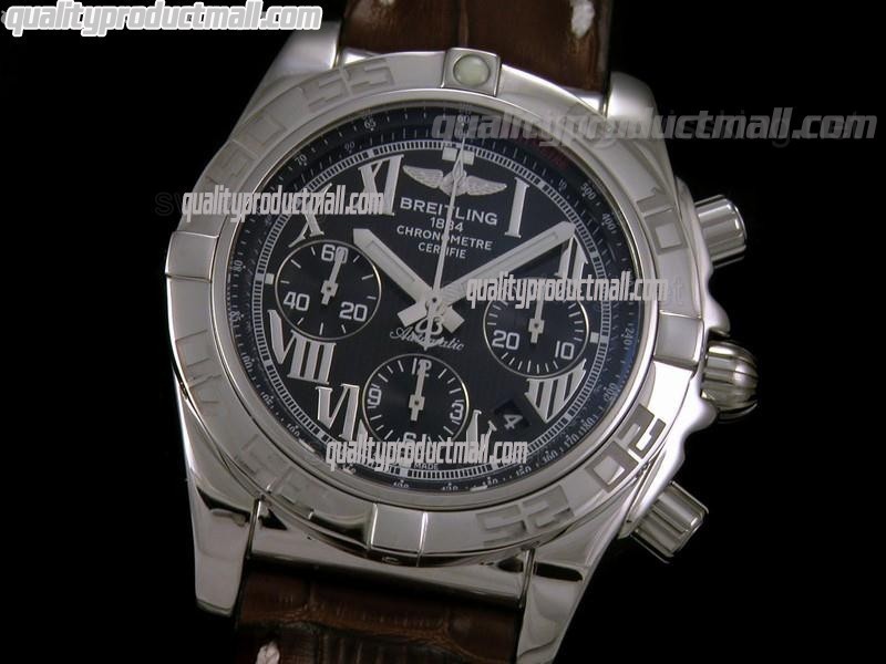 Breitling Chronomat B01 Chronograph-Black Dial-Roman Numerals-Brown Leather Strap