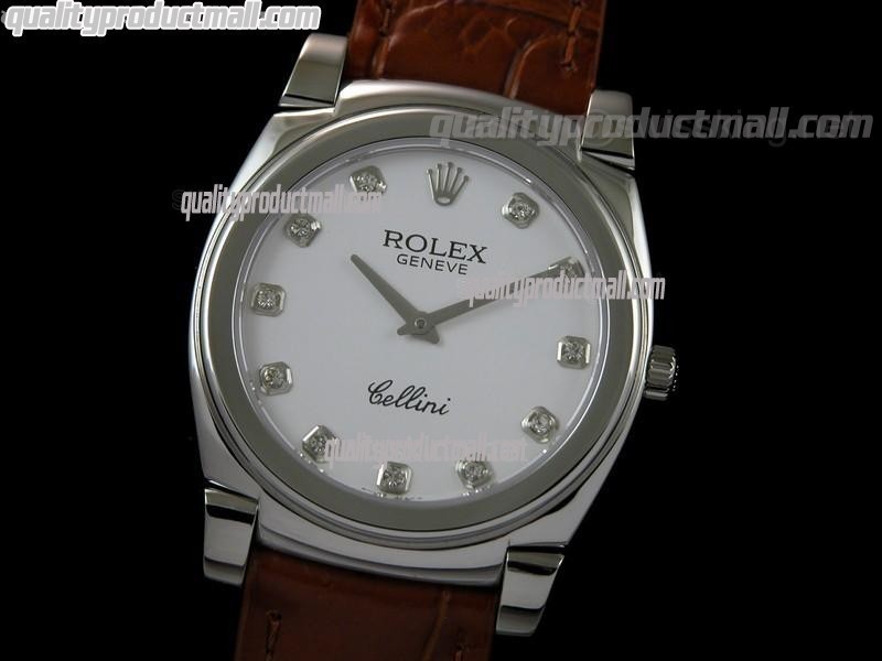 Rolex Cellini Swiss Quartz Watch-White Dial Diamond Hour Markers-Brown Leather strap 