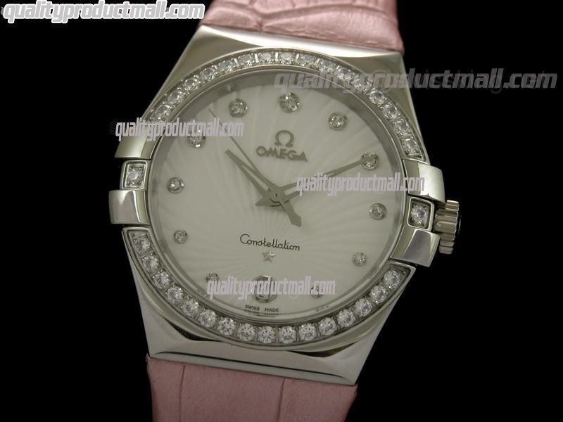 Omega Constellation Midsize Diamond Swiss Quartz-Fan Shell Design White Dial-Pink Leather Strap