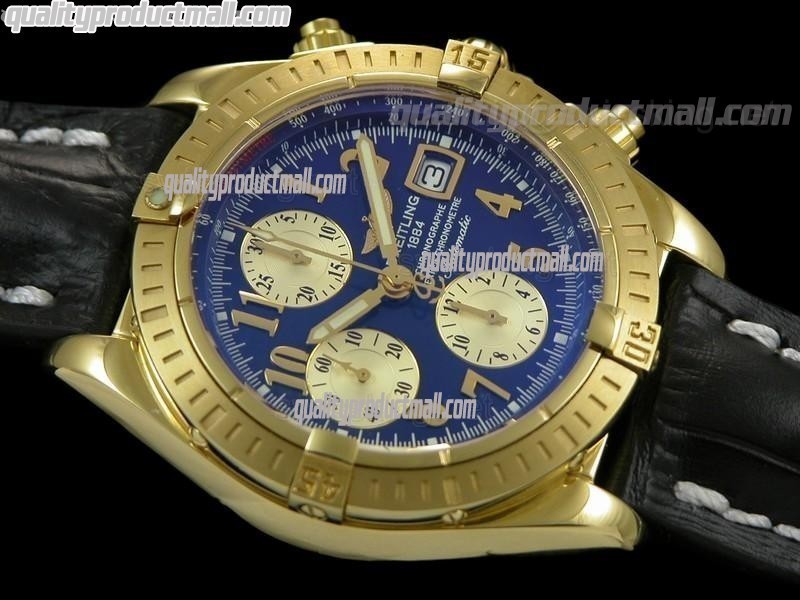 Breitling Chronomat Evolution V3 Chronograph 18K Gold-Blue Dial Gold Subdials Numeral Hour Markers-Black Leather Bracelet