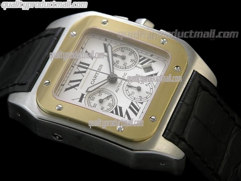 Cartier Santos 100th Anniversary Automatic Watch 18k Gold-White Dial-Black Leather Strap