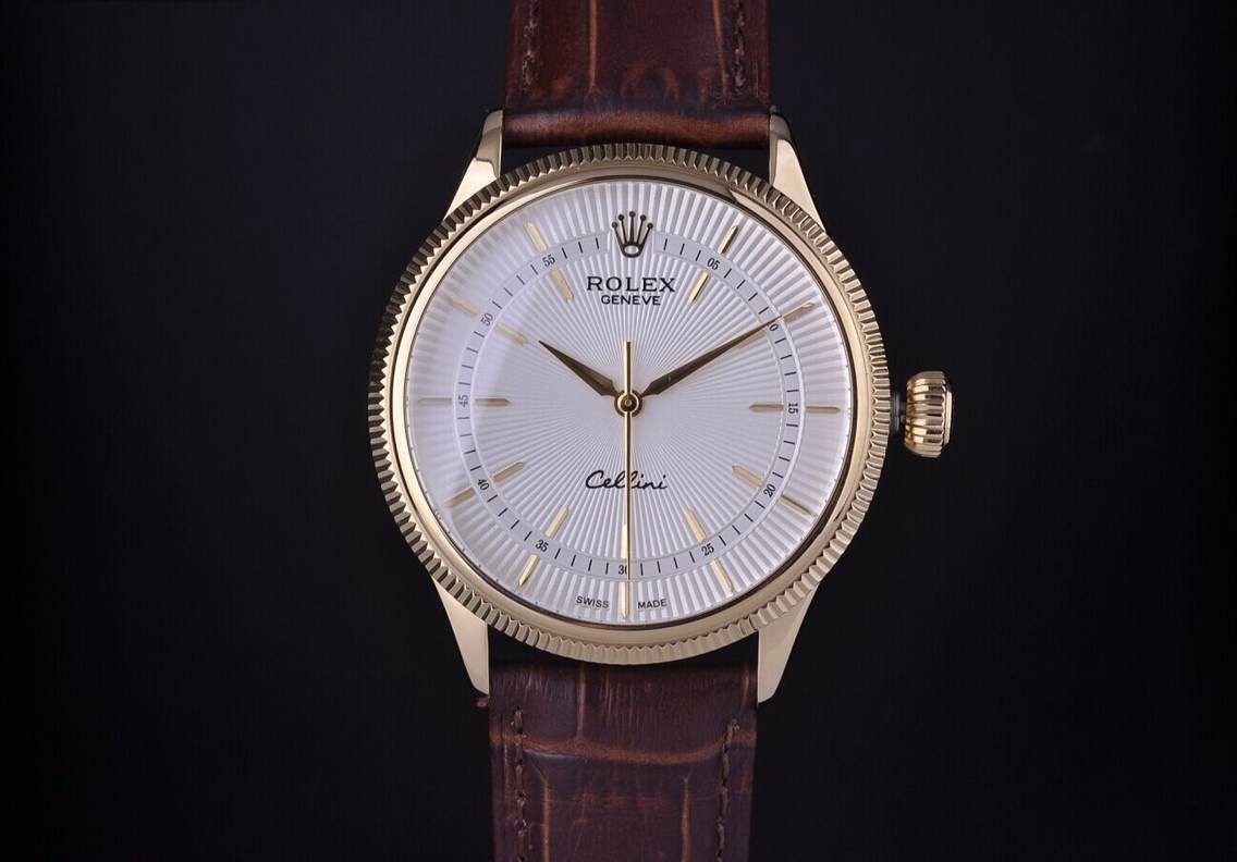 Rolex Cellini Swiss Automatic Watch Yellow Gold-White Dial Stick Hour Markers-Brown Leather Strap