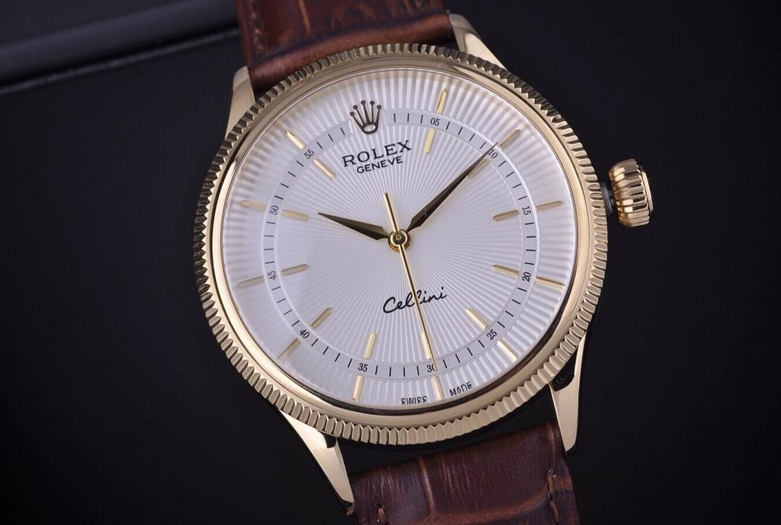 Rolex Cellini Swiss Automatic Watch Yellow Gold-White Dial Stick Hour Markers-Brown Leather Strap