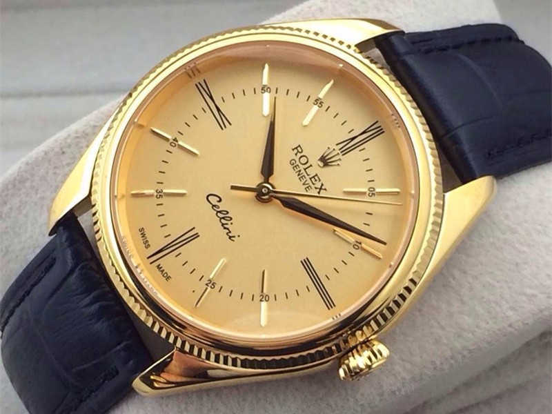 Rolex Cellini Swiss Automatic Watch Yellow Gold-Golden Dial Stick Roman Hour Markers-Black Leather Strap