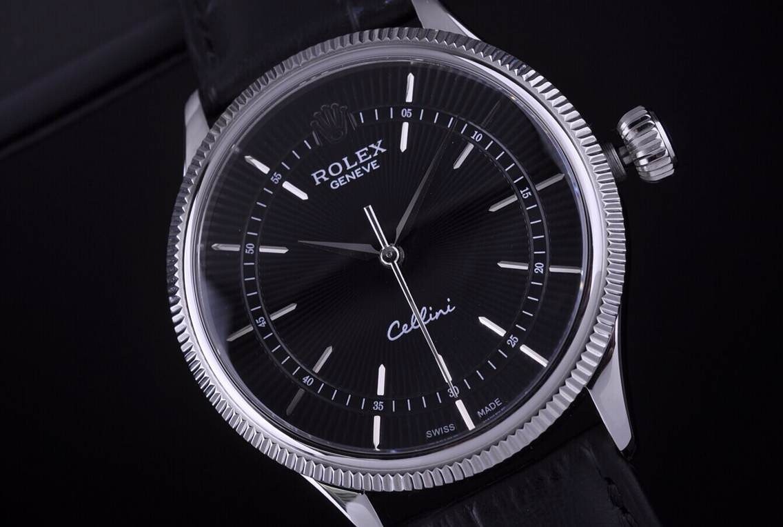 Rolex Cellini Swiss Automatic Watch White Gold-Ray Black Dial Stick Hour Markers-Black Leather strap